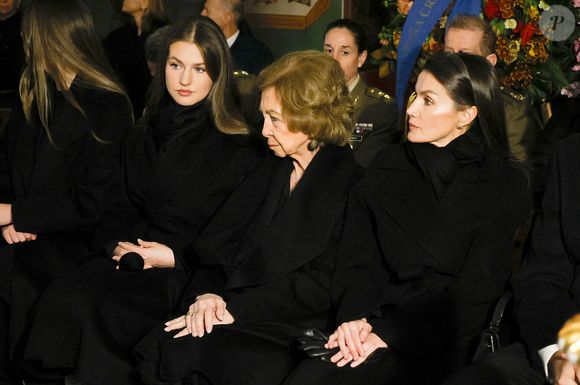 Princesse Leonor (La princesse Leonor), Infante Sofia (L'infante Sofia d'Espagne), Queen Sofia (La reine Sofia), Queen Letizia (La reine Letizia d'Espagne) - La famille royale d'Espagne assiste au service commémoratif de la princesse Irène de Grèce à la cathédrale orthodoxe grecque Saint-André-et-Saint-Démétrius, à Madrid, Espagne, le 17 janvier 2026. © Pool/Bestimage