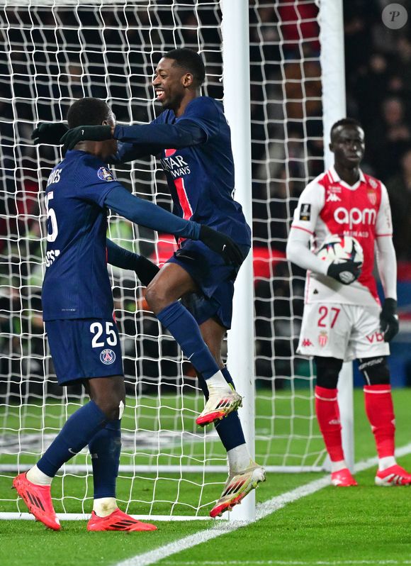 Joie Ousmane Dembelé  PSG  lors du match de Ligue 1 McDonald's opposant le Paris Saint-Germain (PSG) à L’AS Monaco (Score 4/1 au Parc des Princes à Paris, France, le 8 février 2025. © Christian Liewig/Bestimage