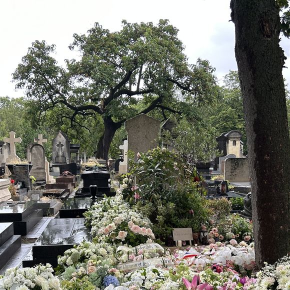 Exclusif - Tombe de Kate Barry recouverte des fleurs des obsèques de Jane Birkin qui a rejoint sa fille dans sa tombe au funérarium du Montparnasse à Paris le 24 juillet 2023. Après sa crémation au funérarium du Père Lachaise, son urne a été déposée sur sa tombe.