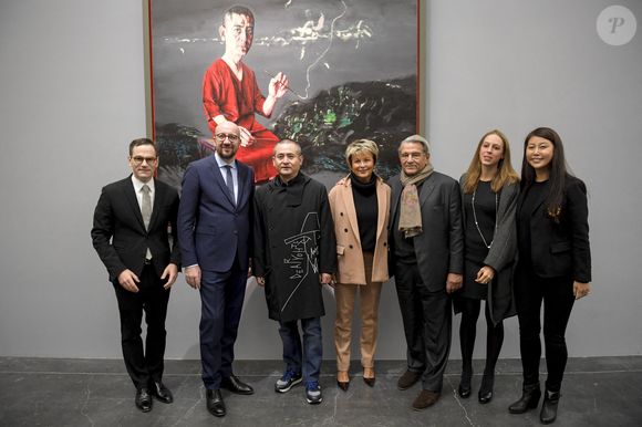 Le Premier ministre belge Charles Michel, l'artiste Zeng Fanzhi, la baronne Myriam Ullens de Schooten et le baron Guy Ullens de Schooten photographiés lors du premier jour d'une visite officielle du Premier ministre en Chine, le dimanche 30 octobre 2016 à Beijing, en Chine. Photo by ABACAPRESS.COM