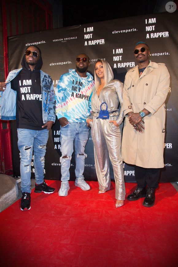 Dadju, Gims, Demdem et Djibril Cissé assistent à la soirée de lancement de la collection capsule 'I Am Not A Rapper' Elevenparis par Gims et Demdem le 11 avril 2019 à Paris, France. Photo Nasser Berzane/ABACAPRESS.COM