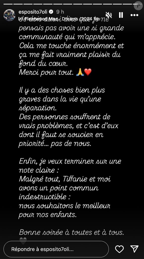 Avant de conclure : "Et pour ceux qui m'envoient des messages de haine : sachez que je ne vous en veut pas. Vous êtes libres de penser ce que voulez. A ceux qui se font des films sur les raisons de notre séparation (dignes des plus grandes séries américaines : je ne répondrais pas (...)"