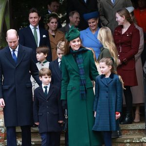 Princess Beatrice, Edoardo Mapelli Mozzi, Sophie Rhys-Jones, duchesse d'Edimbourg, le prince Edward, duc d'Edimbourg, Savannah Phillips, Catherine (Kate) Middleton, princesse de Galles, Prince Louis, Princesse Charlotte, Prince George, Le prince William, prince de Galles, Tim Laurence, Peter Phillips, - La famille royale britannique se rend à la messe de Noël à Sandringham le 25 décembre 2024.