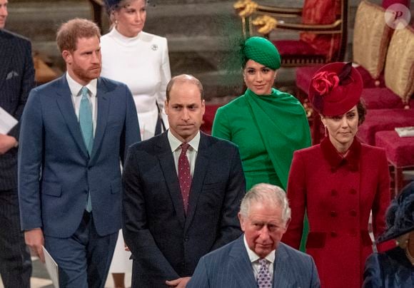Le prince Edward, comte de Wessex, Sophie Rhys-Jones, comtesse de Wessex, Le prince William, duc de Cambridge, et Catherine (Kate) Middleton, duchesse de Cambridge, Le prince Charles, prince de Galles, et Camilla Parker Bowles, duchesse de Cornouailles, Le prince Harry, duc de Sussex, Meghan Markle, duchesse de Sussex - La famille royale d'Angleterre lors de la cérémonie du Commonwealth en l'abbaye de Westminster à Londres le 9 mars 2020. Mirrorpix / Bestimage