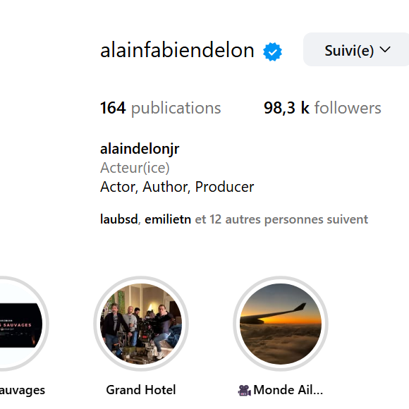Sur sa page Instagram figure désormais sa nouvelle identité

Compte Instagram d'Alain Delon Jr