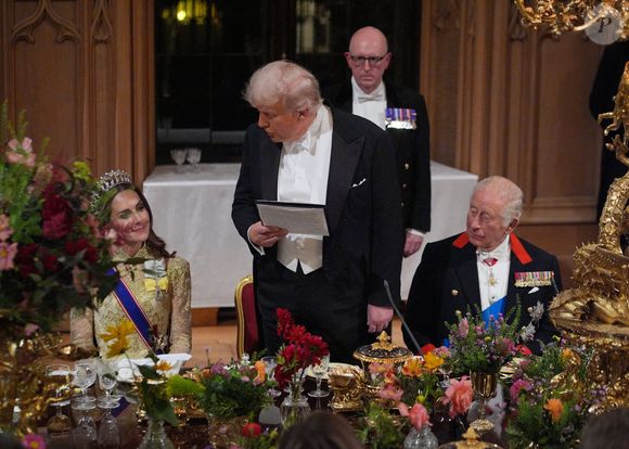 Le président américain Donald Trump prononce son discours sous le regard du roi Charles III et de la princesse de Galles lors du banquet d'État offert au président américain et à la première dame Melania Trump au château de Windsor, dans le Berkshire, au premier jour de leur deuxième visite d'État au Royaume-Uni. Mercredi 17 septembre 2025. Photo by Yui Mok/PA Wire/ABACAPRESS.COM
