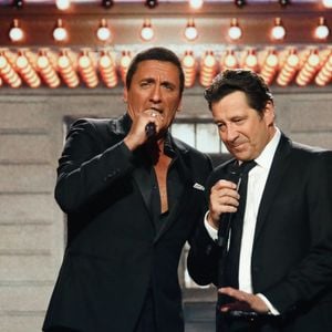 Exclusif - Dany Brillant, Laurent Gerra lors de l'enregistrement de l'émission "Laurrent Gerra, l'anniversaire événement" présentée par S.Bern et qui sera diffusée le 7 juin 2025 sur France 2, au théâtre Marigny, à Paris, France, le 28 avril 2025. © Clovis-Moreau/Bestimage