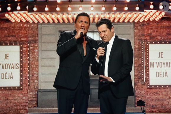 Exclusif - Dany Brillant, Laurent Gerra lors de l'enregistrement de l'émission "Laurrent Gerra, l'anniversaire événement" présentée par S.Bern et qui sera diffusée le 7 juin 2025 sur France 2, au théâtre Marigny, à Paris, France, le 28 avril 2025. © Clovis-Moreau/Bestimage