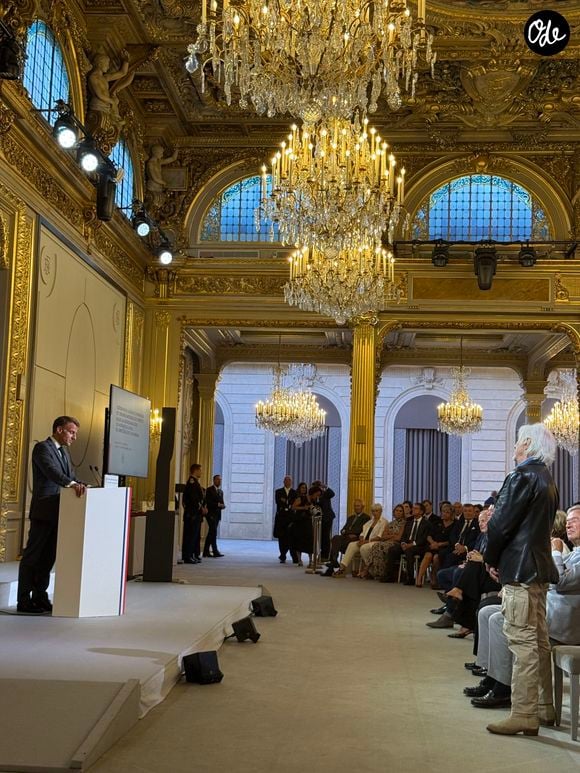 Emmanuel Macron, Hugues Aufray - Hugues Aufray (97 ans) a été élevé au rang de commandeur de l'ordre national du Mérite par Emmanuel Macron au palais de l’Elysée à Paris le 15 septembre 2026. | 00770130