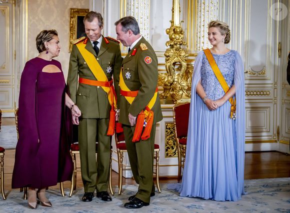 Grand-Duc Henri (Le grand-duc Henri de Luxembourg), Grande Duchesse Maria Teresa (La grande-duchesse Maria Teresa de Luxembourg), Grand-duc Guillaume (Le prince Guillaume, grand-duc héritier de Luxembourg), Stéphanie de Luxembourg (La comtesse Stéphanie de Lannoy, grande-duchesse héritière de Luxembourg), cérémonie d'adieu au Palais grand-ducal dans le cadre des célébrations marquant le changement de trône à Luxembourg, jour 1 à Luxembourg-Ville, Luxembourg, 3 octobre 2025. Photo by Dana Press / Bestimage
