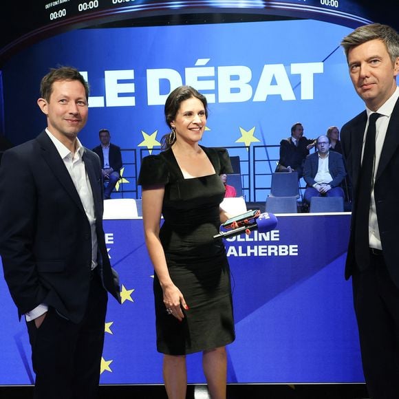 François-Xavier Bellamy (LR), Apolline de Malherbe et Maxime Switek - Elections européennes 2024 : débat entre les têtes de liste sur BFM Tv le 27 mai 2024. © Coadic Guirec / Bestimage