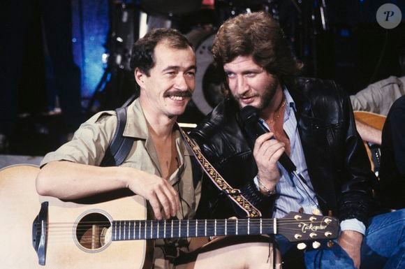En France, à Paris, sur le plateau de l'émission "Demain c'est dimanche", Jean Sarrus et Patrick Sébastien, le 20 octobre 1985 (Archives). © Bernard Leguay via Bestimage