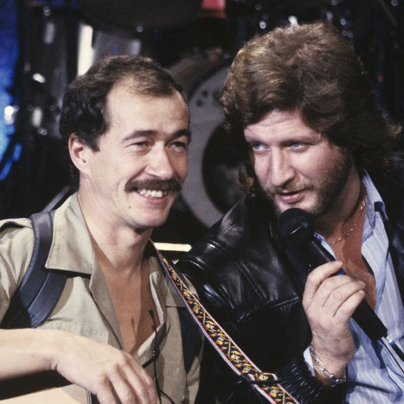 En France, à Paris, sur le plateau de l'émission "Demain c'est dimanche", Jean Sarrus et Patrick Sébastien, le 20 octobre 1985 (Archives). © Bernard Leguay via Bestimage