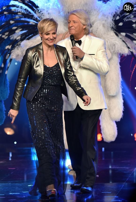 Patrick Sébastien et Céline Géraud lors de l'Enregistrement de l'émission 'Le Plus Grand Cabaret Du Monde' présentée par Patrick Sébastien, spéciale Nouvel An diffusée le 31 décembre 2015. La Plaine St Denis le 26 novembre 2015. | 00281904