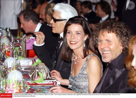 La Princesse Caroline de Monaco, Karl Lagerfeld et Renzo Rosso au dîner du Bal de la Rose Nuit de Chine au Sporting Club de Montecarlo à Monaco. © Roberto Ruscello/WMP/ABACA. 57420-32. Monaco. 20 mars 2004.