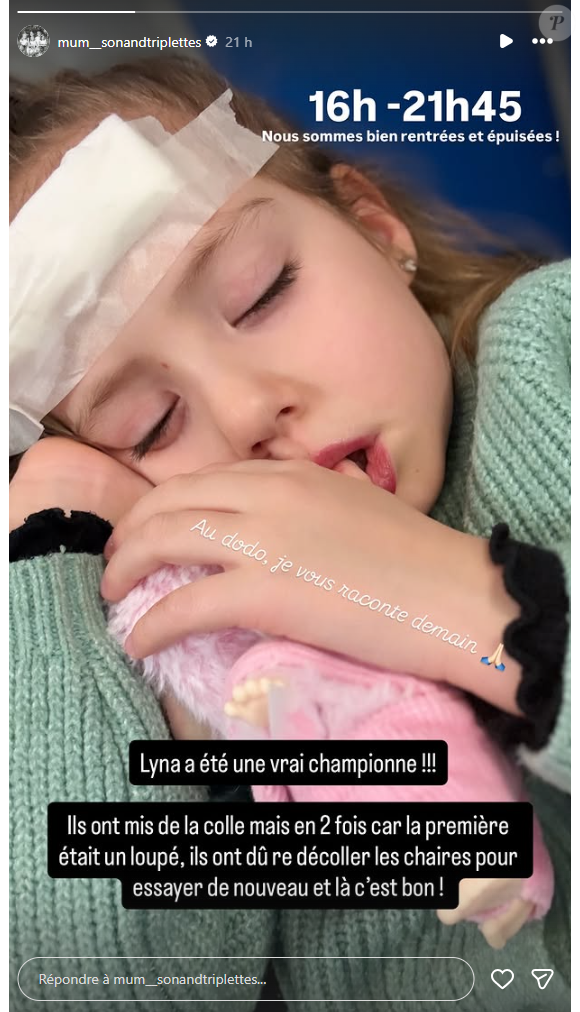 Il s'agit de la petite Lyna, qui s'est ouvert le front en tombant dans la cour de l'école.

Lyna, la fille de Laetitia Provenchère, prise en charge.