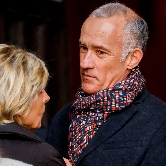 Evelyne Dhéliat, Gilles Bouleau - Sorties des obsèques de Jean-Pierre Pernaut en la Basilique Sainte-Clotilde à Paris, France, le 9 mars 2022. © Cyril Moreau/Bestimage