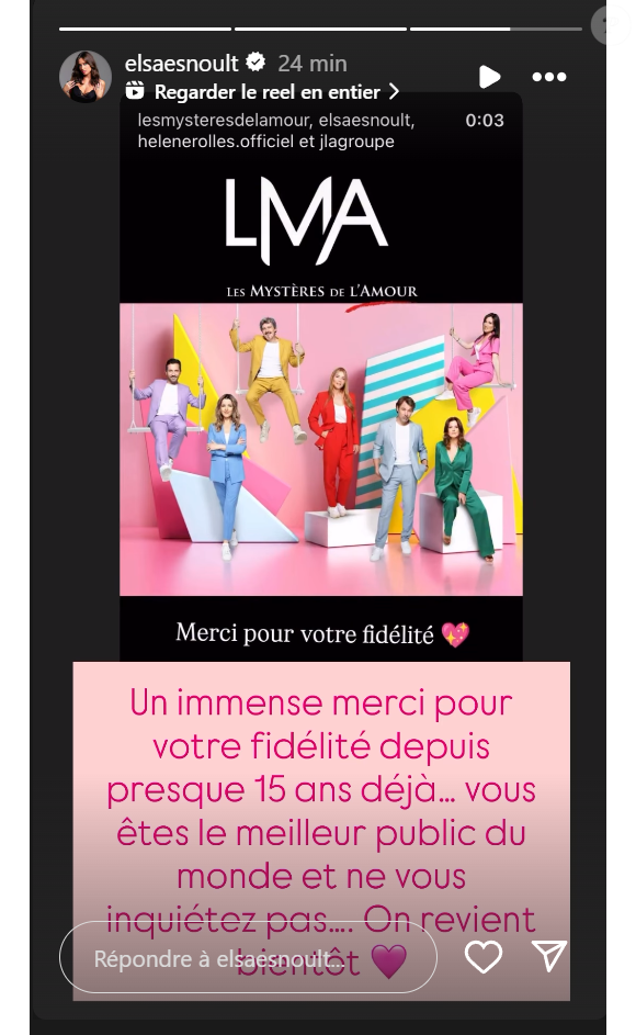 Elsa Esnoult réagit à l'arrêt de la diffusion des Mystères de L'amour sur le groupe TF1