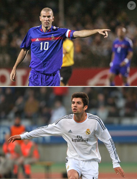 Image composite du milieu de terrain français du Real Madrid, Enzo Zidane, le fils de 18 ans de la légende du football Zinedine Zidane, et de son père. Photo par ABACAPRESS.COM