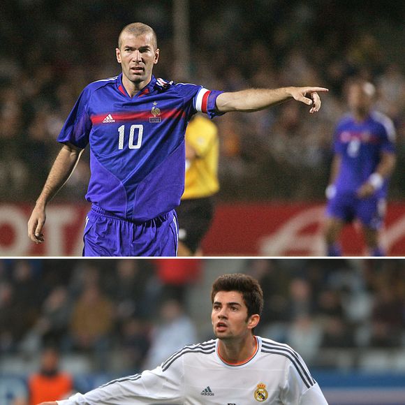 Image composite du milieu de terrain français du Real Madrid, Enzo Zidane, le fils de 18 ans de la légende du football Zinedine Zidane, et de son père. Photo par ABACAPRESS.COM