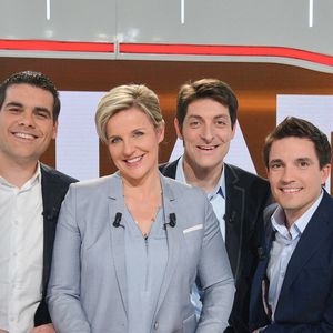 Celine Geraud, Matthieu Lartot, Alexandre Boyon et Fabian Leveque lors de l'enregistrement de 'Stade 2' le 3 mars 2013 à Paris, France. Photo by Max Colin/ABACAPRESS.COM