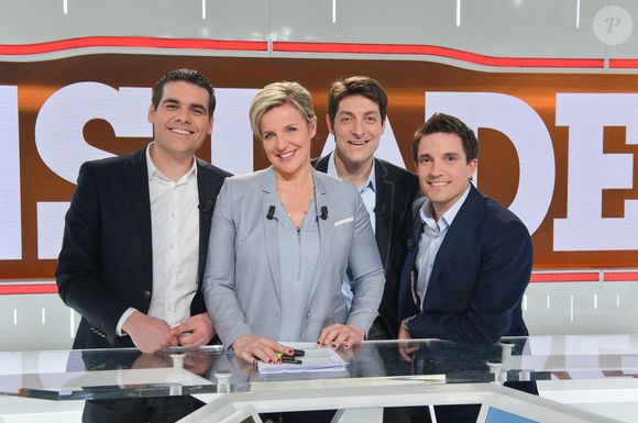 Celine Geraud, Matthieu Lartot, Alexandre Boyon et Fabian Leveque lors de l'enregistrement de 'Stade 2' le 3 mars 2013 à Paris, France. Photo by Max Colin/ABACAPRESS.COM