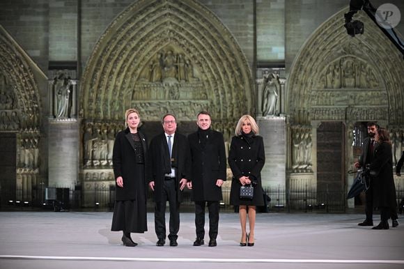 (L to R) Julie Gayet and Former French President, François Hollande, French President, Emmanuel Macron and his wife, Brigitte Macron attend the welcome ceremony at official reopening ceremony of Notre-Dame Cathedral in Paris, France on December 7, 2024, after more than five-years of reconstruction work following the April 2019 fire. © Eliot Blondet/Pool/Bestimage