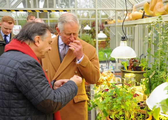 Le prince Charles d'Angleterre et Raymond Blanc font une visite du jardin The National Heritage à Belmond Le Manoir le 21 novembre 2014. (AGENCE / BESTIMAGE).