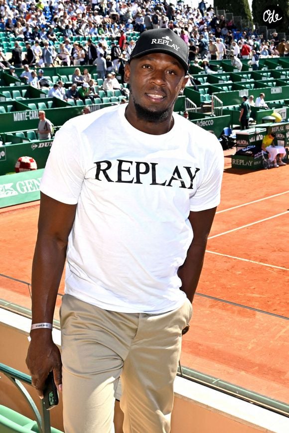 Usain Bolt en tribune des Masters 1000 de Monte-Carlo sur le court Rainier III à Roquebrune-Cap-Martin, France, le 13 avril 2023. © Bruno Bebert/Bestimage