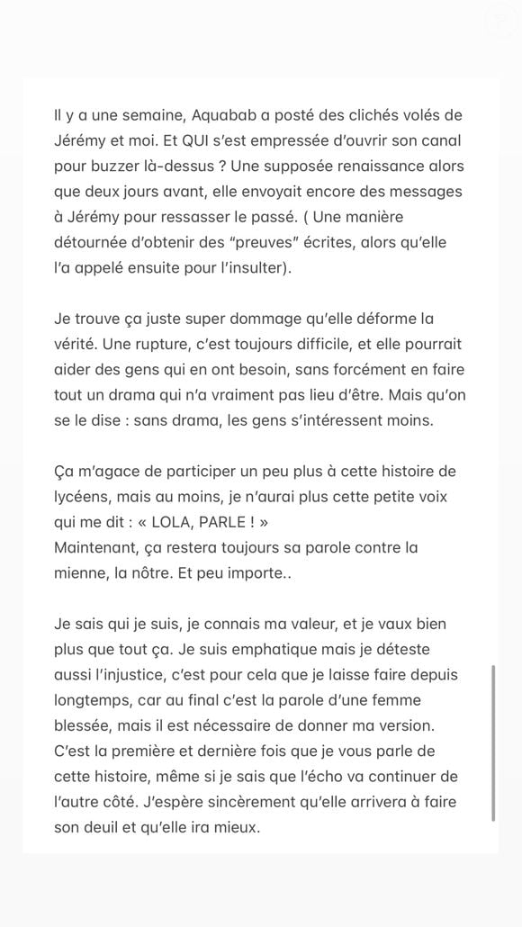 Lola, ancienne aventurière de "Koh-Lanta, s'exprime sur Instagram le 5 août 2025 au sujet de son couple avec Jérémy et de Candice, l'ex de Jérémy.