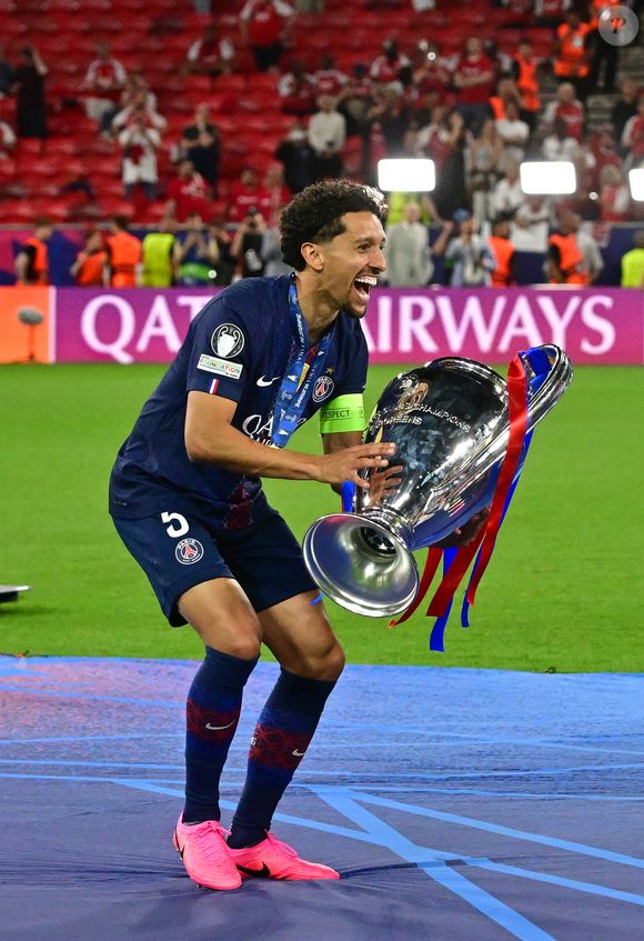Marquinhos - Le PSG remporte la Ligue Des Champions 2026, pour la seconde fois d'affilée face à Arsenal au stade Ferenc-Puskas à Budapest le 30 mai 2026. © Christian Liewig/Bestimage