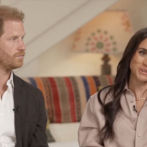 Le prince Harry, duc de Sussex et Meghan Markle, duchesse de Sussex, lors d'une interview pour l'émission CBS News Sunday Morning, diffusée le 4 août 2024. (JLPPA / Bestimage).