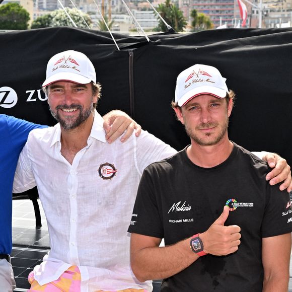 EXCLUSIF -  Le prince Albert II de Monaco, Boris Herrmann et Pierre Casiraghi sur Malizia durant le 10eme Energy Boat Challenge au Yacht Club de Monaco, le 5 juillet 2023© Bruno Bebert/Bestimage
