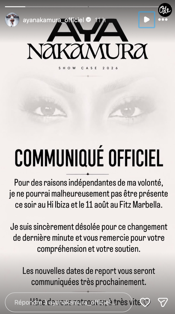La chanteuse devait se produire au Hï Ibiza puis au Fitz Marbella le 11 août.

Capture Instagram - Aya Nakamura