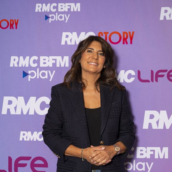 Estelle Denis lors de la conférence de presse de rentrée des chaînes du groupe RMC-BFM à Paris, le 17 septembre 2025. © Pierre Perusseau / Bestimage