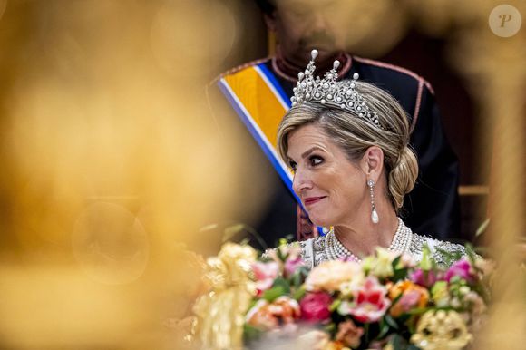 La reine Máxima des Pays-Bas au banquet d'État au Palais royal lors de la visite d'État du sultan d'Oman aux Pays-Bas, premier jour à Amsterdam, aux Pays-Bas, le 15 avril 2025. © Dana Press / Bestimage
