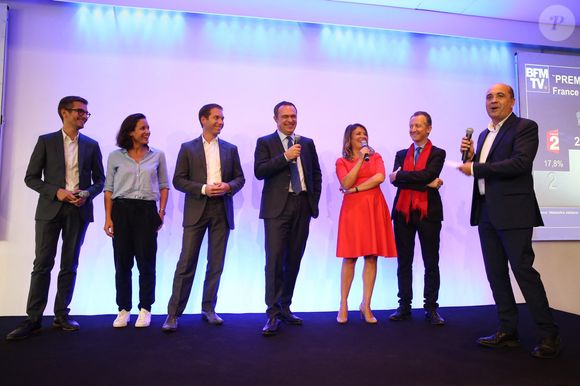 Ashley Chevalier, Christophe Person, Christophe Delay, Pascale de La Tour du Pin, Christophe Barbier et Hervé Béroud assistant à la conférence de presse annuelle de RMC et BFM TV, à Paris, France, le 6 septembre 2016. Photo de Jérôme Domine/ABACAPRESS.COM