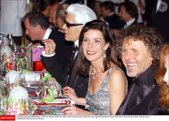 La Princesse Caroline de Monaco, Karl Lagerfeld et Renzo Rosso au dîner du Bal de la Rose Nuit de Chine au Sporting Club de Montecarlo à Monaco. © Roberto Ruscello/WMP/ABACA. 57420-32. Monaco. 20 mars 2004.