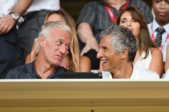 Didier Deschamps, Nagui,  leurs femmes au second rang Mélanie Page, Claude Deschamps et des amis durant le Match de football de Ligue 1 opposant Monaco à Lille au stade Louis II le 18 août 2018. Pour leur première rencontre à domicile de la saison 2018/2019, les monégasques n'ont obtenu qu'un match nul 0 - 0. © Bruno Bebert/Bestimage