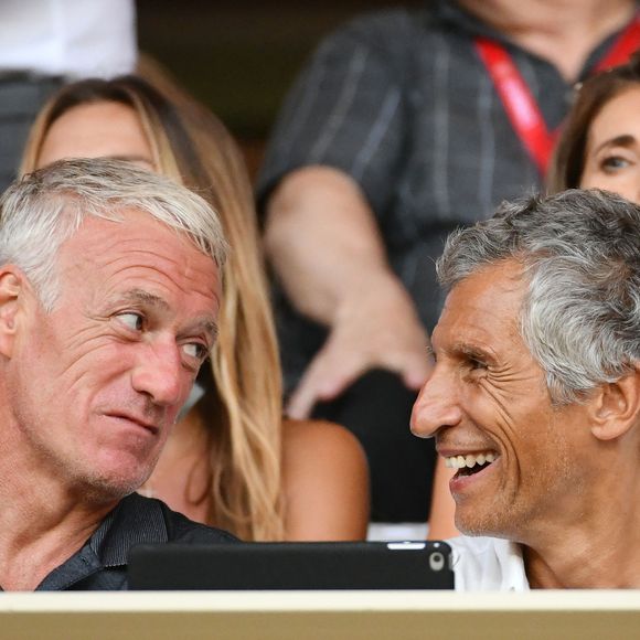 Didier Deschamps, Nagui,  leurs femmes au second rang Mélanie Page, Claude Deschamps et des amis durant le Match de football de Ligue 1 opposant Monaco à Lille au stade Louis II le 18 août 2018. Pour leur première rencontre à domicile de la saison 2018/2019, les monégasques n'ont obtenu qu'un match nul 0 - 0. © Bruno Bebert/Bestimage