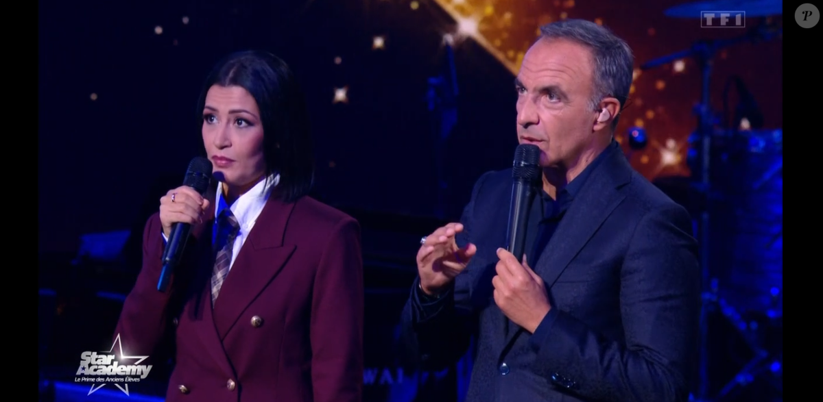 Nikos Aliagas et Karima Charni sur le plateau de Star Academy
