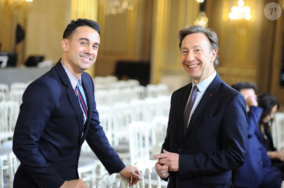 Exclusif -   Stéphane Bern et son compagnon Yori Bailleres . M.Drucker reçoit la médaille de Commandeur de la Légion d’honneur par le président de la République Française Emmanuel Macron au palais de l'Elysée à Paris, le 13 février 2025.
© Guillaume Gaffiot / Bestimage
