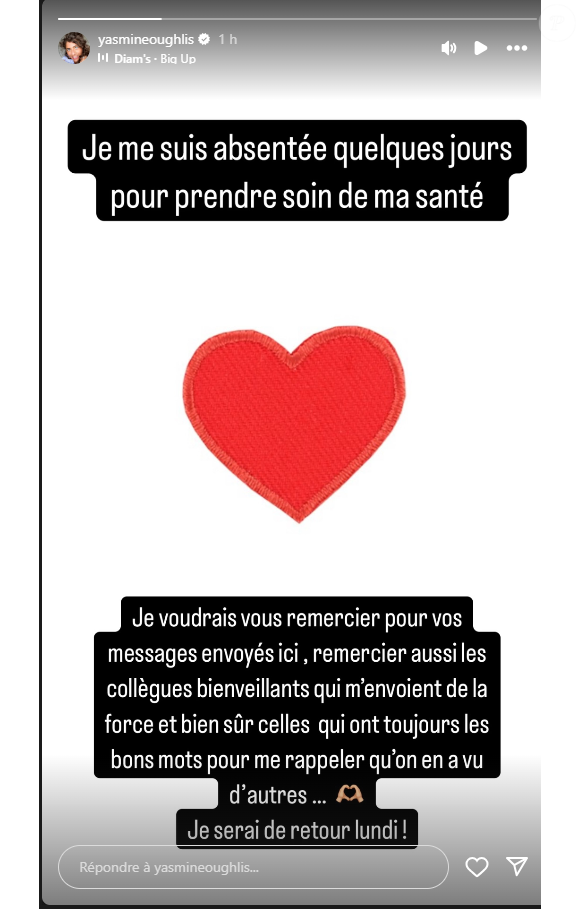 Story de Yasmine Oughlis dans laquelle elle annonce son absence de l'émission "Les Maternelles" pendant plusieurs jours