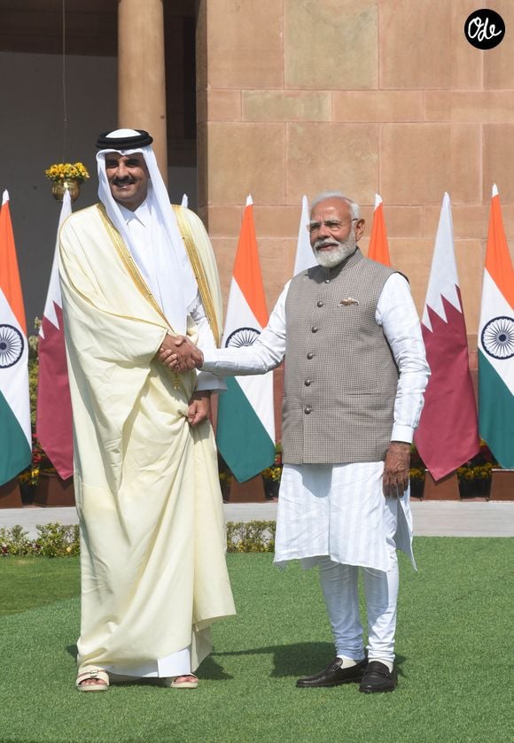 18 février 2025, New Delhi (Delhi), Inde : Le cheikh Tamim ben Hamad Al Thani, émir du Qatar, avec le Premier ministre Narendra Modi à Hyderabad House, à New Delhi, le mardi 18 février 2025. © Sondeep Shankar/Alto Press via ZUMA Press/Bestimage