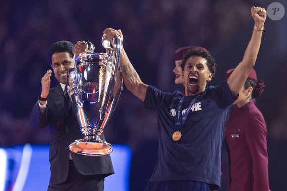 Nasser al-Khelaïfi (président du PSG), Marquinhos - Les joueurs du PSG célèbrent leur titre de Champion d'Europe au Parc Des Princes à Paris, le 1er juin 2025.
© Cyril Moreau/Bestimage