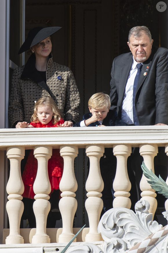 La princesse Charlene de Monaco avec Michael Kenneth Wittstock et leurs enfants Jacques et Gabriella assistent depuis le balcon au défilé sur la place du Palais lors des cérémonies de la fête nationale. Monaco le 19 novembre 2018. Photo by ABACAPRESS.COM