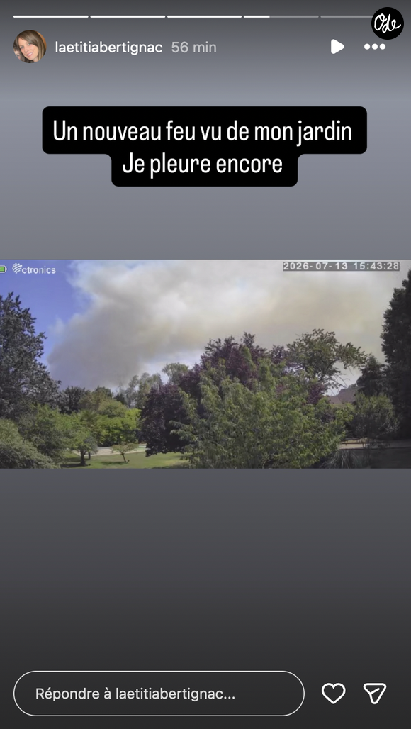 Quelques heures plus tard, elle a publié une nouvelle story : "Un nouveau feu vu de mon jardin. Je pleure encore."

Capture du compte Instagram de Laetitia Bertignac.

© Instagram / Laetitia Bertignac