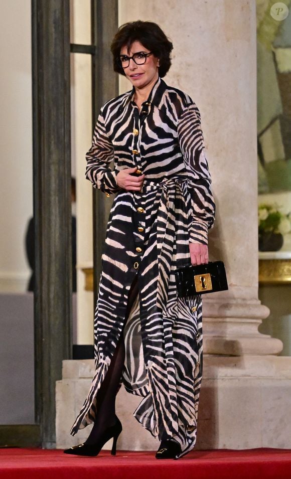 Rachida Dati, ministre de la Culture au dîner d’état donné en l’honneur du président de l’Ouzbékistan au palais présidentiel de l’Elysée, à Paris, France, le 12 mars 2025. © Christian Liewig/Bestimage
