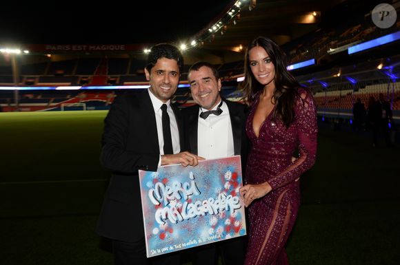 Exclusif - Le prince Nasser Al-Khelaïfi (président du PSG), Arnaud Lagardère  et sa femme Jade - Dîner de gala au profit de la Fondation PSG au Parc des Princes à Paris le 16 mai 2017.  © Rachid Bellak/Bestimage