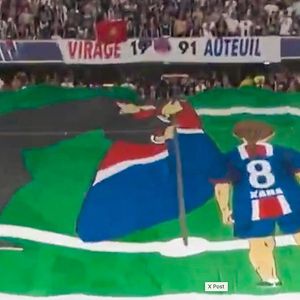 Le magnifique tifo des supporters du PSG en hommage à Xana avec son Luis Enrique (coach du PSG) lors de la Finale de la Ligue Des Champions 2025 "PSG - Inter Milan" à l'Allianz Arena de Munich, le 31 mai 2025. Capture d'écran TV via Bestimage